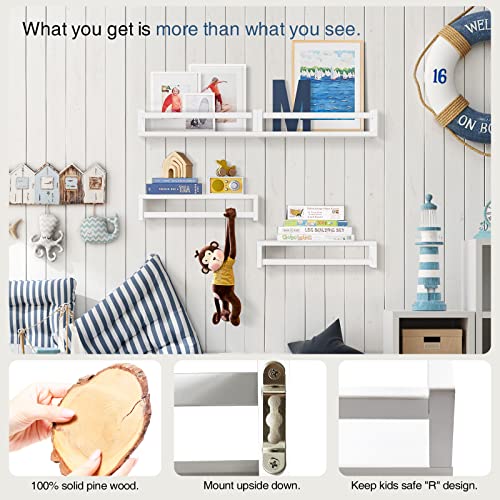 Floating Nursery Book Shelves - Set of 4 White Wood Wall Shelves for Kids Room