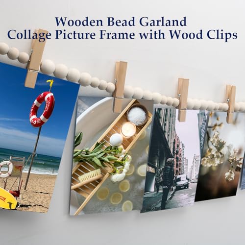 Boho Hanging Photo Display with Wood Beads and 30 Clips, 67-Inch Garland