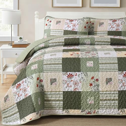 Anibedding Floral Patchwork Quilt Set - 3 Piece Lightweight King Bedspread