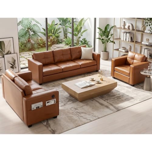 3-Piece Faux Leather Sofa Set with USB Charging Ports and Storage Pockets