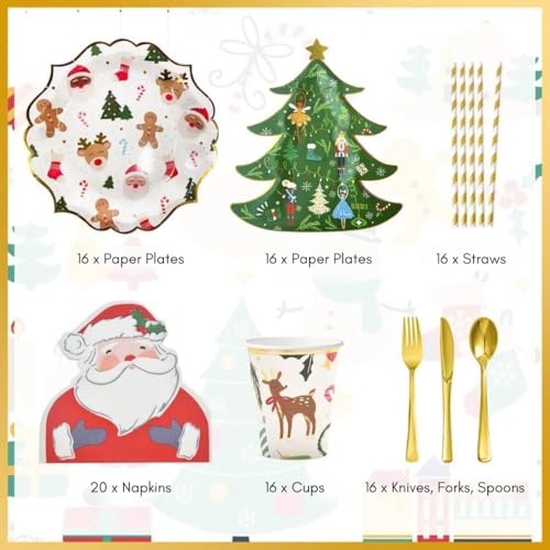Christmas Disposable Dinnerware Set for 16 Guests - Plates, Cups, Cutlery & Napkins
