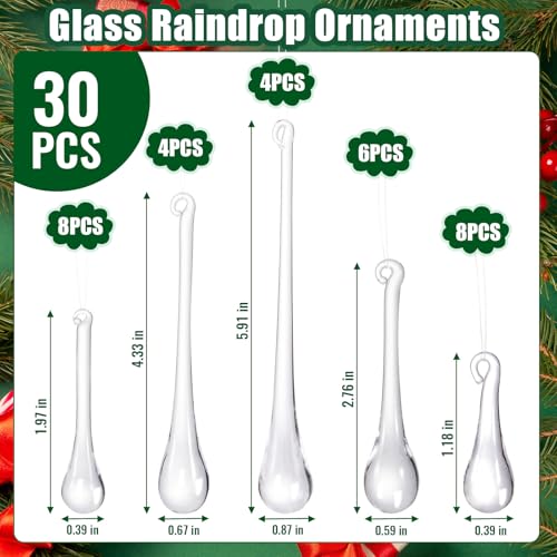 Clear Glass Raindrop Christmas Ornaments Set - 30 Pieces, 5 Sizes, Holiday Decor