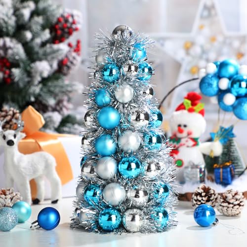 Cinnvoice 11-Inch Teal Blue Tabletop Christmas Tree with 62-Piece Silver & Blue Ornaments