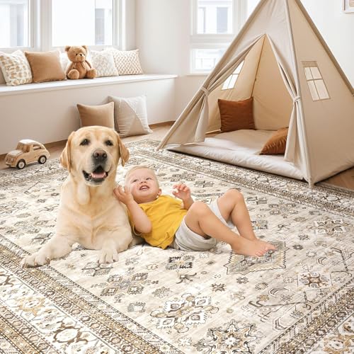 5x7 Washable Area Rug, Traditional Oriental Distressed Beige Carpet