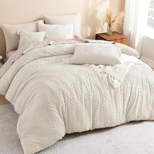 King Size Beige Tufted Boho Comforter Set - 3-Piece Lightweight Bedding Set