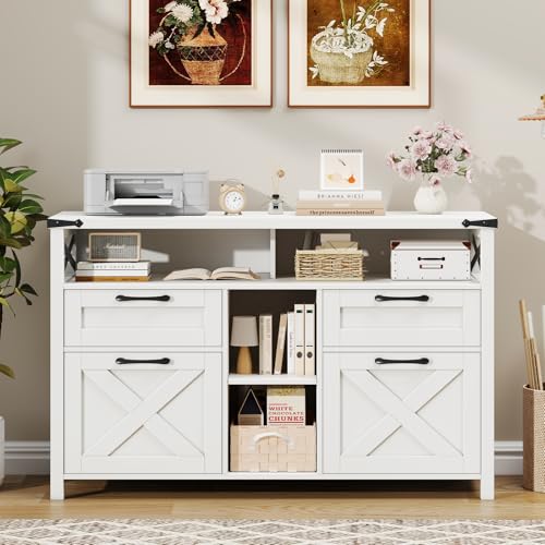 4-Drawer Farmhouse File Cabinet with Open Storage Shelf, White Office Organizer