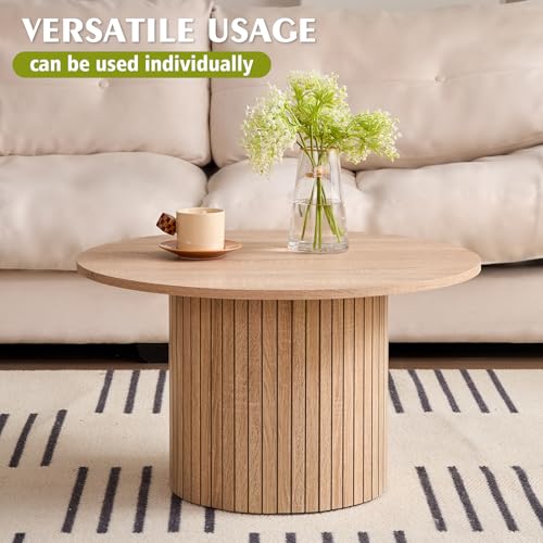 Round Nesting Coffee Table Set of 2, Modern Fluted Wooden Accent Tables