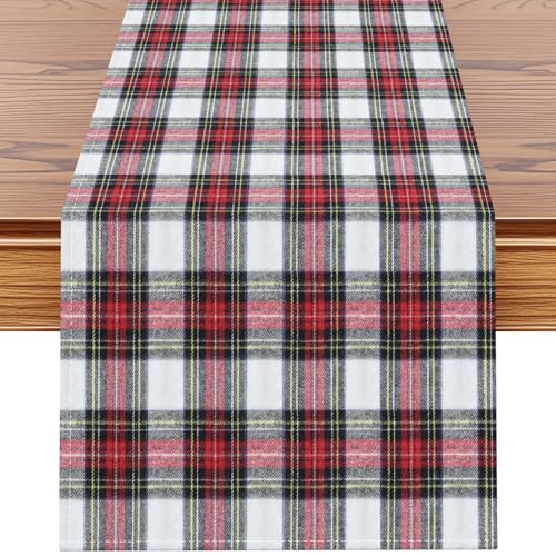 OTOSTAR Red & White Scottish Plaid Christmas Table Runner 13x60 Inch