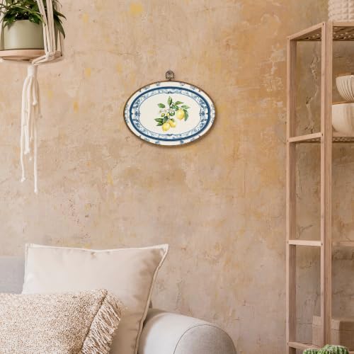 Chinoiserie Lemon Oval Wall Art, Framed Blue and White Floral Canvas Decor