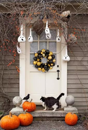 GnFlus Gold & Black Halloween Ball Wreath 13" Xmas Ornament Garland Decor