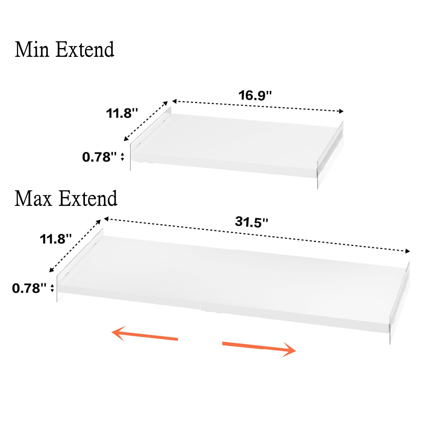 Slideep Expandable Closet Tension Shelf, Metal Adjustable Wardrobe Shelves Organizer System with Strong Seamless Sticker for Kitchen, Wardrobe, Cupboard 2 Pack (L:16.9'' to 31.5"; W:11.8")
