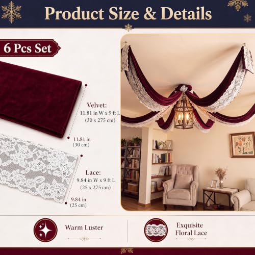 Yunlly Burgundy Velvet and Lace Ceiling Decorations - 6 Panels Christmas Drapes