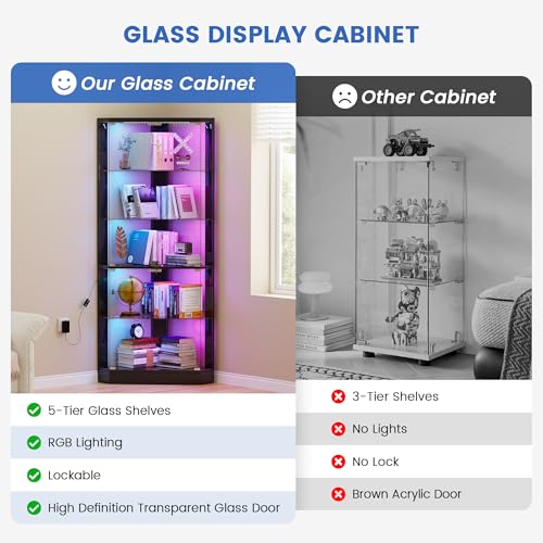 5-Tier Corner Display Cabinet with RGB Lighting and Lock, 69-Inch Tall