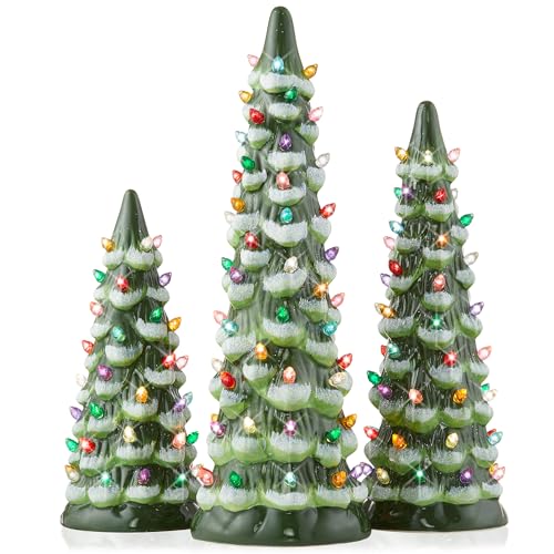 Casafield Green Flocked 3-Piece Hand Painted Ceramic Christmas Trees, Pre-Lit 8/10/12-Inch Set