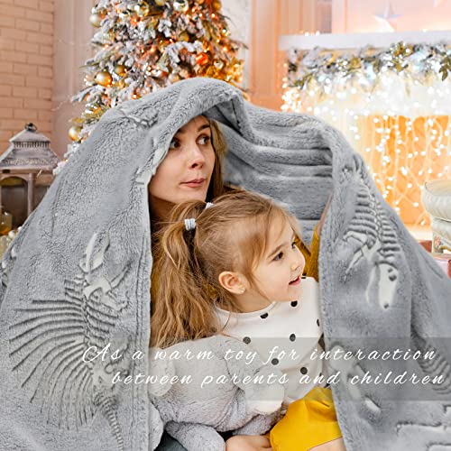 Glow in the Dark Dinosaur Throw Blanket, Soft Plush 50"x60" Gray