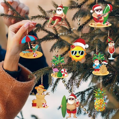 MorningRo Fresh 20 Pcs Tropical Christmas in July Metal Tree Ornaments - Beach Santa Flamingos Coconut Decor