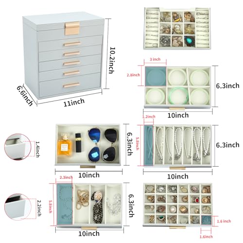 BOOVO 6-Layer Jewelry Box for Women - Grey & Gold, Large Organizer with 6 Layers for Necklaces, Bracelets, Earrings & Rings