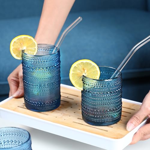 Blue 15oz Hobnail Drinking Glasses Set of 6 - Vintage Water Tumblers for Beer Juice & Mixed Drinks