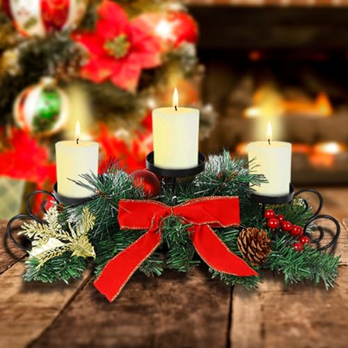 Christmas Candle Holder Centerpiece Table Decor with Berries & Pinecones