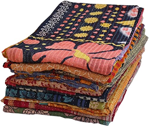 Vintage Kantha Quilt - Handmade Reversible Cotton Throw Blanket 85x55 Inches