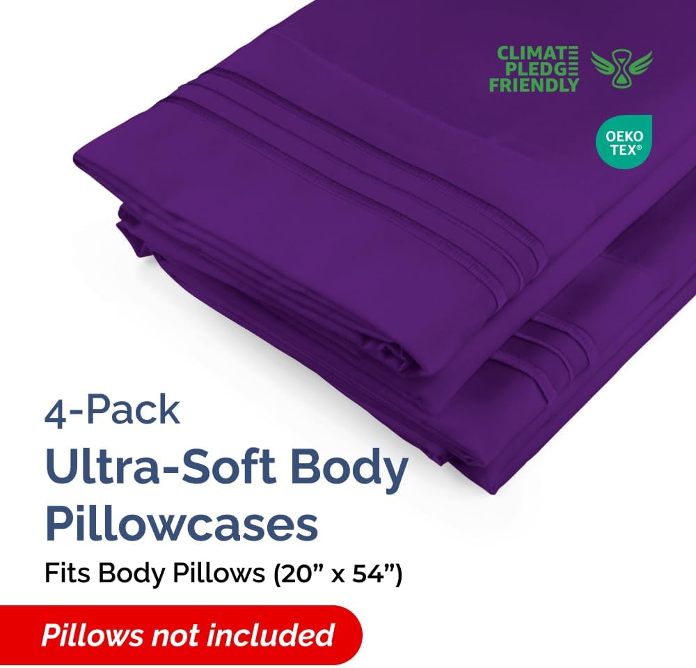 Skiennix Body Pillowcases Set of 4 | Soft 20x54 Long Pillow Covers for Cozy Sleep - Machine Washable, Fade-Free (Purple)