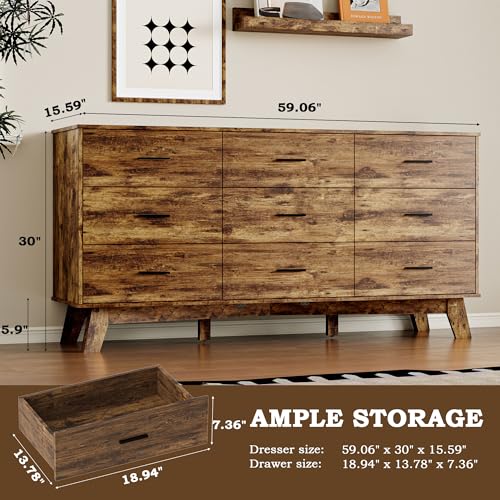 9-Drawer Bedroom Dresser, 59-Inch Wide Modern Storage Chest with X-Base
