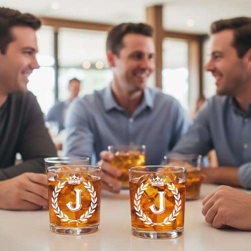 Personalized Whiskey Glass with Letter J Initial - Transparent 10 OZ Old Fashioned Gift for Men