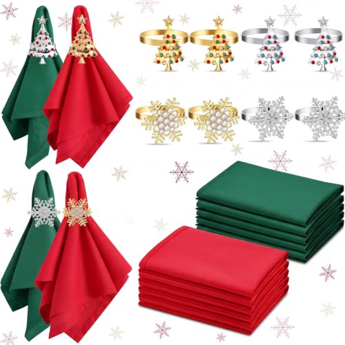 Snowflake Tree 16 Pcs Polyester Christmas Napkins & Rings Set (Snowflake Tree) – 8 Rings, 4 Red & 4 Green Napkins
