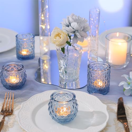 Blue Glass Votive Candle Holders Set of 24 - Textured Design for Weddings & Parties