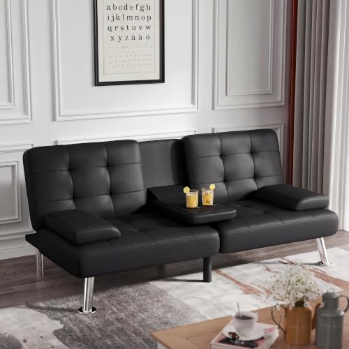 Flamaker Black Faux Leather Futon Sofa Bed Convertible Loveseat with Adjustable Back