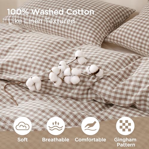 King Tan Gingham Duvet Cover Set - 100% Washed Cotton Linen-Look Bedding