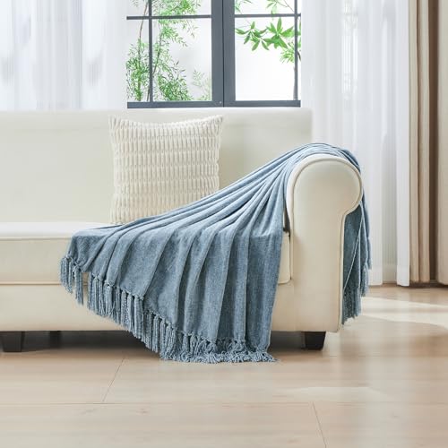 Chenille Throw Blanket with Fringe, Dusty Blue Plush Sofa Throw 50"x60"