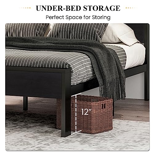 Full Size Metal Platform Bed Frame with Wooden Headboard & Under-Bed Storage