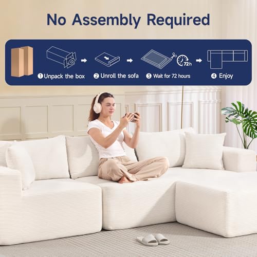 108-Inch Modular Corduroy Sectional Sofa with Ottoman, Beige L-Shaped Couch