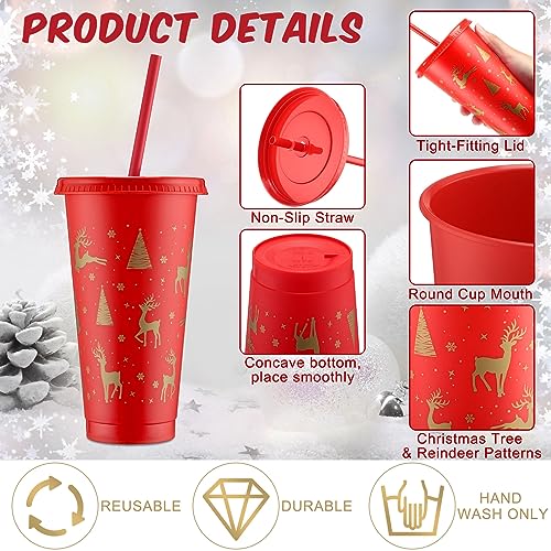 Sliner 10pcs Red & Gold Christmas Plastic Cups with Lid & Straw 24oz