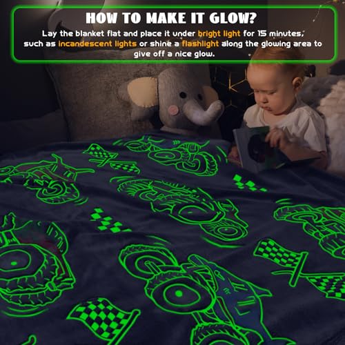 Glow in the Dark Truck Throw Blanket for Kids - Soft Fleece 50"x60"