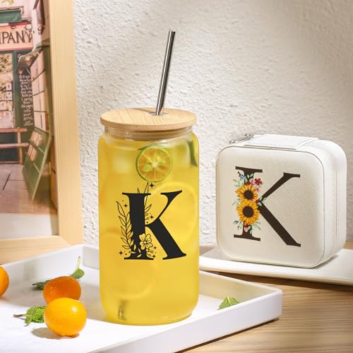 Initial Jewelry Box and 16oz Glass Cup Set with Bamboo Lid and Straw