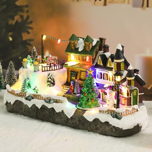 Afirst Christmas Village Houses with Skaters & Skiers – Lighted Rotating Xmas Scene with USB, Musical & Collectible Figurines