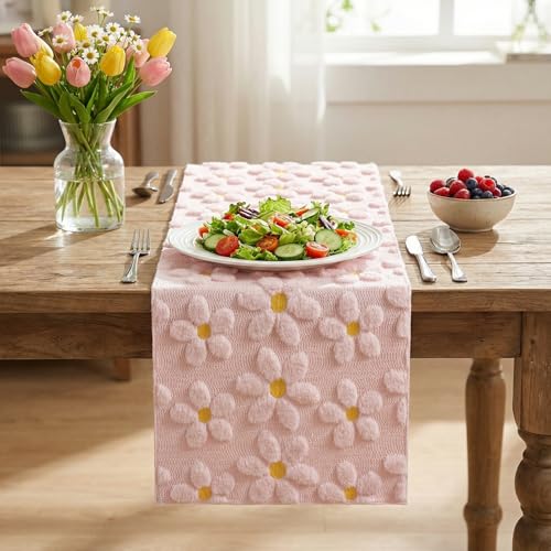 Pink Faux Fur Jacquard Daisy Table Runner 13x108 Inch for Home & Dining