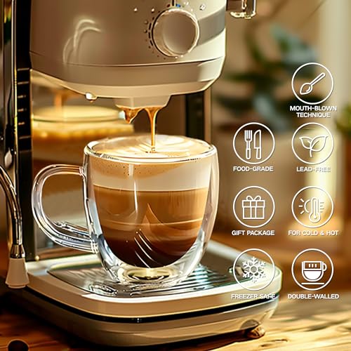 YMMIND 6oz Set of 4 Double Walled Glass Coffee Mugs with Handles - Insulated Borosilicate Espresso Cups for Hot Beverages