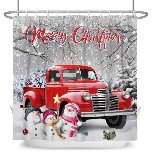 DASHAN Red Truck Christmas Shower Curtain with Snowman - Winter Holiday Waterproof Fabric, 72x72 inches, Grey Variant