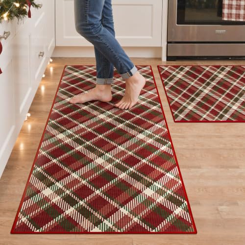 GENIMO Christmas Kitchen Rugs Set of 2, 20x32 + 20x48, Non-Slip, Red Beige