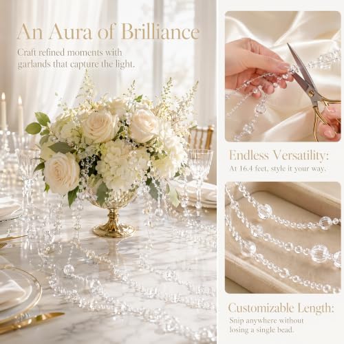 Clear Acrylic Pearl Garland - Sparkling Beaded String for Wedding & Christmas Decor, 16ft (GLIVONAXIS)