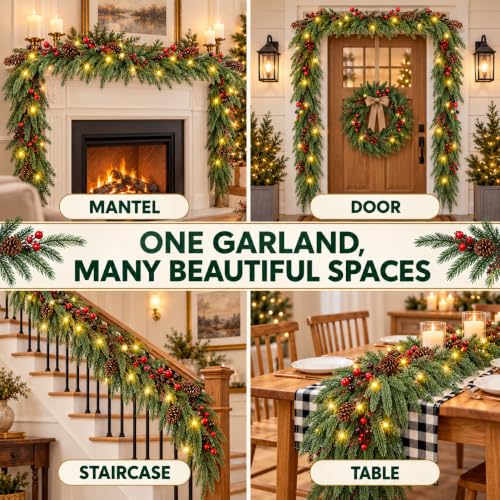 MERRI GLOW 9ft Real-Touch Norfolk Pine Garland - Pre-Lit Artificial Christmas Garland