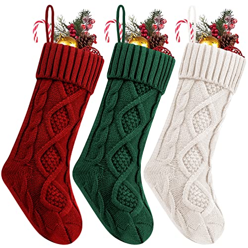 Fesciory 3 Pack 18in Cable Knit Christmas Stockings - Burgundy Ivory Green Set