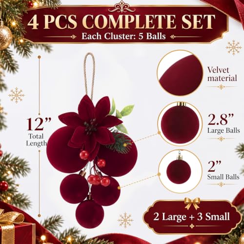 Burgundy Velvet Christmas Ball Clusters Ornaments Set - 4 Pcs Holiday Decor