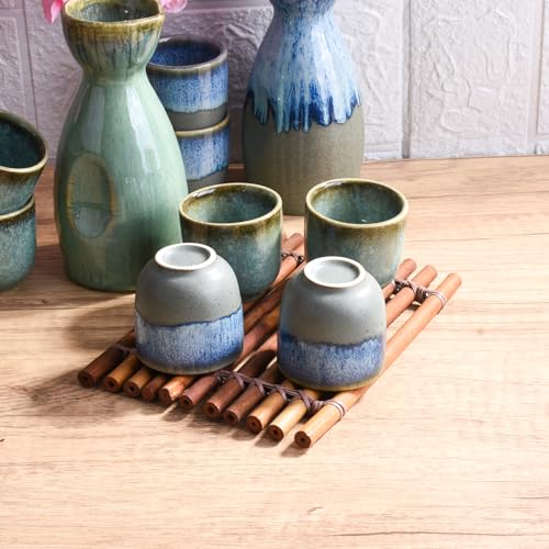 Swlthwen Green Japanese Sake Set of 5 Ceramic Pot & Cups - 300ml with 4 x 50ml Cups