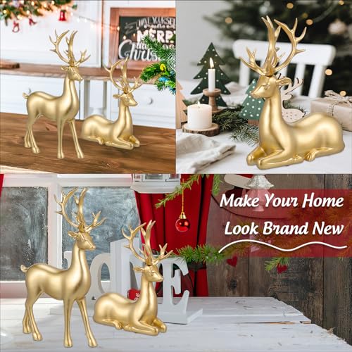 LIOOBO Golden Reindeer Figurines – Resin Elk Ornaments for Christmas Home Decor