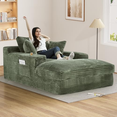 Oversized Corduroy Chaise Lounge Chair with Cup Holders and Side Pocket