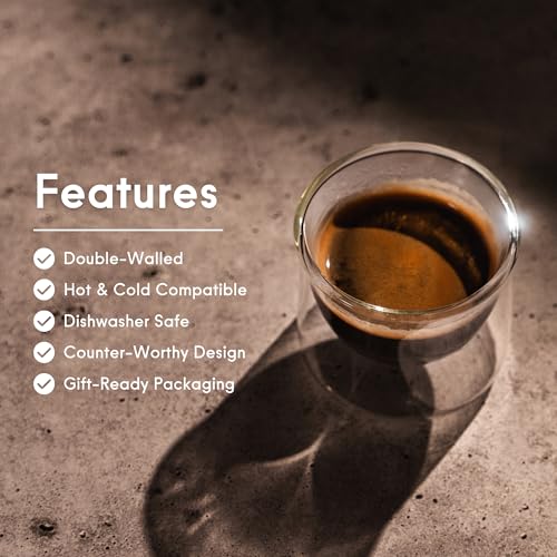 FLUR Clear Double-Walled Espresso Glasses Set of 2 – Insulated Borosilicate, Handmade, 3oz
